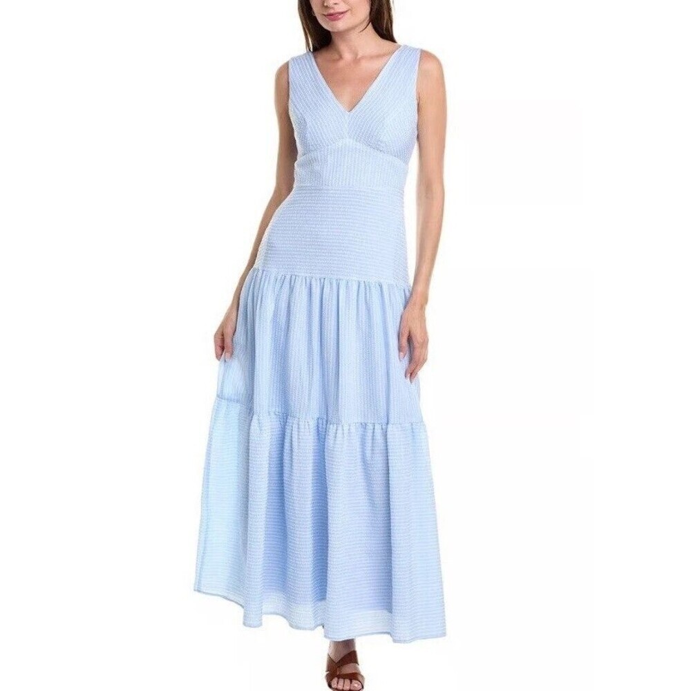 Ann Taylor Blue & White Striped Sleeveless Maxi Seersucker Dress